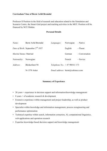 Curriculum Vitae of Bernt Arild Bremdal - Forskningsparken AS