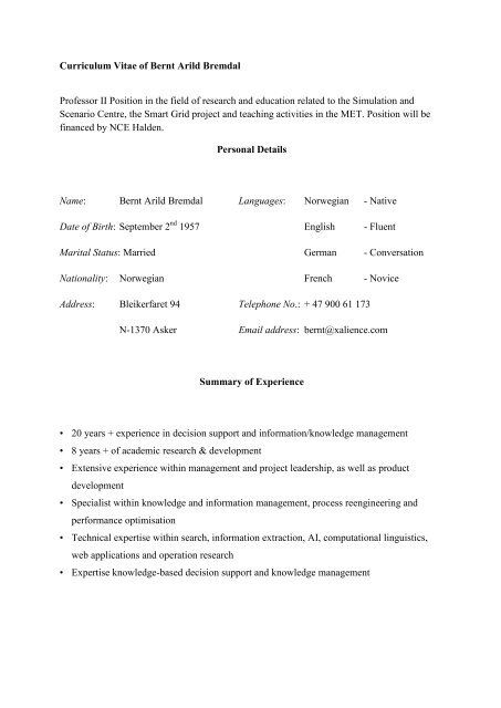 Curriculum Vitae of Bernt Arild Bremdal - Forskningsparken AS