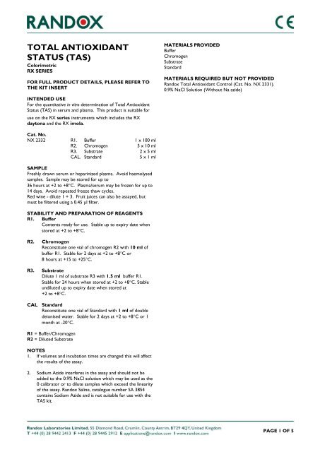 total antioxidant status (tas) - Randox Food Diagnostics