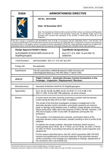 AD 2012-0246 [PAD 12-122 task 2012.251] Schleicher-Ka6 K7 K8 ...