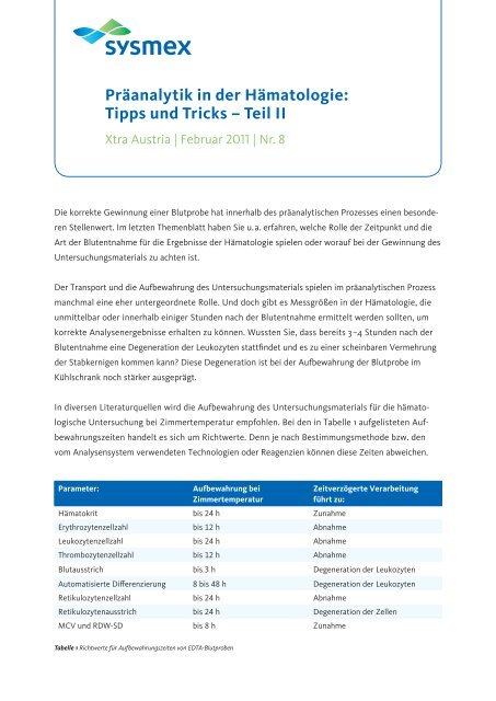 Präanalytik in der Hämatologie: Tipps und Tricks ... - Sysmex Austria