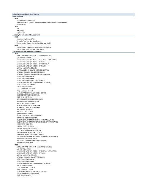 Prime and Sub-Partners List - Embassy of the United States Dar Es ...