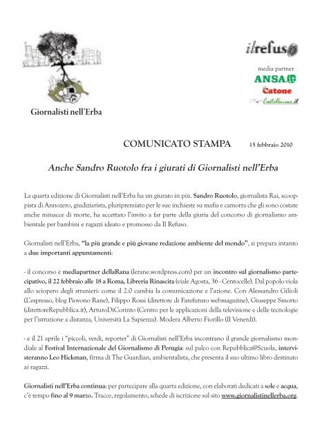 COMUNICATO STAMPA Giornalisti nell'Erba Anche Sandro Ruotolo ...