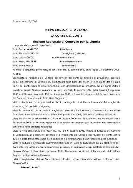 13 novembre 2006 - Sezione regionale di controllo ... - Corte dei Conti