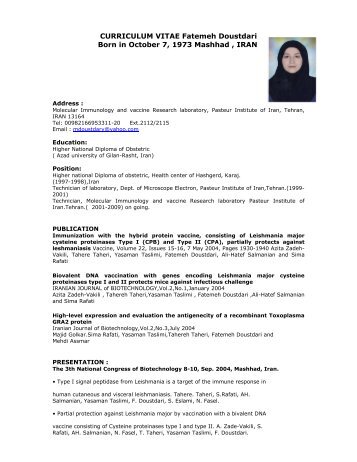 CURRICULUM VITAE Fatemeh Doustdari Born in October 7, 1973 ...