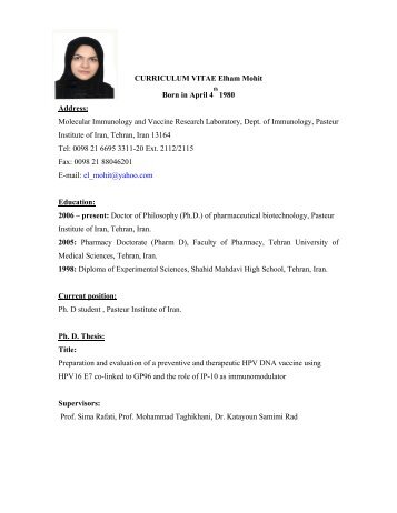 Curriculum vitae-elham mohit-final - Pasteur Institute of Iran