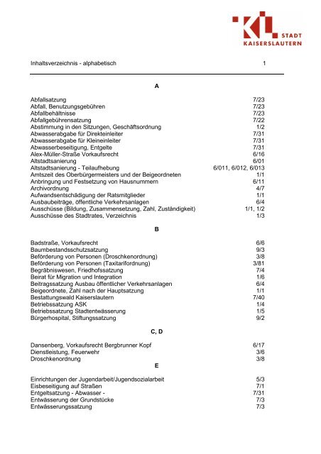 0) Inhaltsverzeichnis - Stadt Kaiserslautern