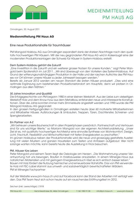 PM HAUS AG MEDIENMITTEILUNG - PM Mangold Holzbau AG