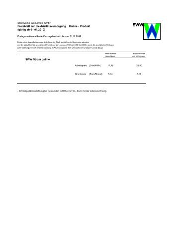 Preisblatt und AGB für den Tarif SWW Strom - Stadtwerke Weißenfels