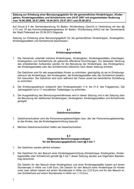 Satzung zur Erhebung einer Benutzungsgebühr ... - Stadt Filderstadt