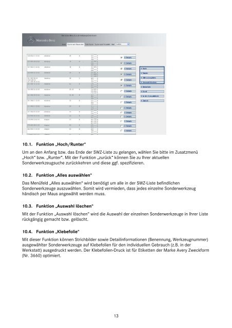 Hilfedokument für die Mercedes-Benz Sonderwerkzeug-Datenbank