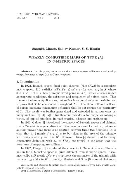 (A) IN G-METRIC SPACES 1. Introduction In 1922, Banach