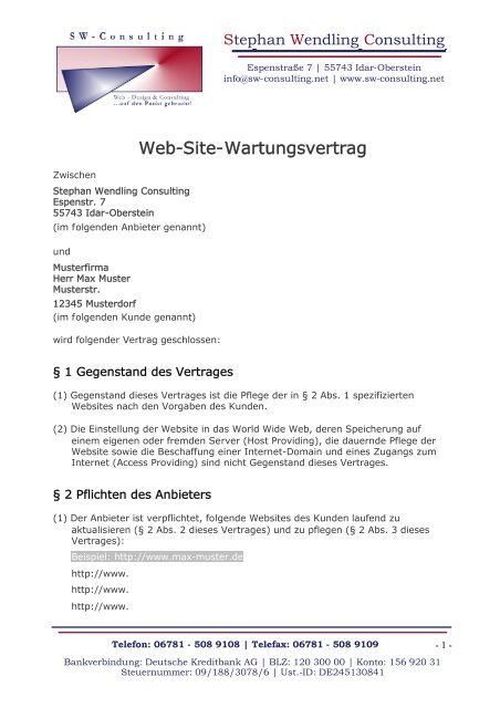 Muster Web Wartungsvertrag Sw Consulting