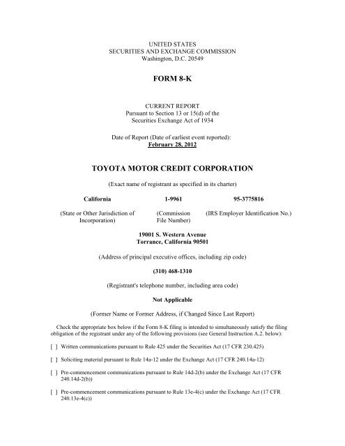 Form 8 K Toyota Motor Credit Corporation Toyota Financial Services