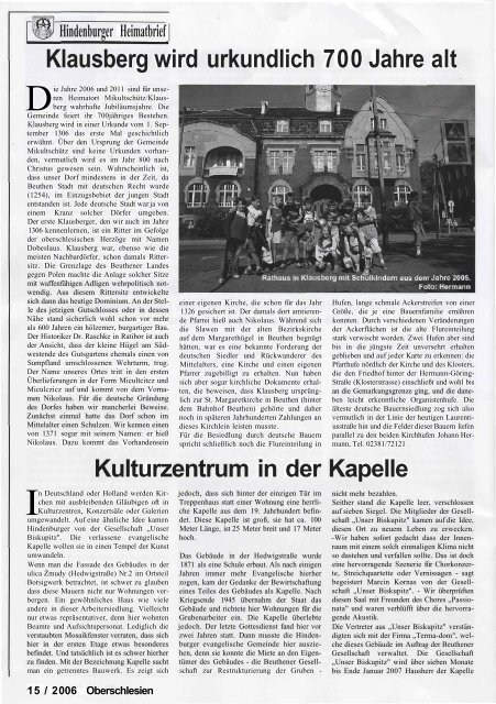 Hindenburger Heimatbrief | Klausberg Wird Urkundlich 700 Jahre Alt