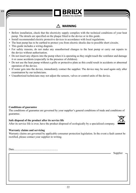 swimming pool heat pump installation and user guide - BRILIX.com