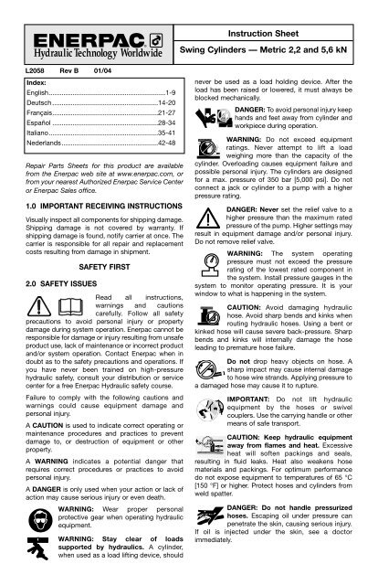 Instruction Sheet Swing Cylinders — Metric 2,2 and 5,6 kN - Enerpac