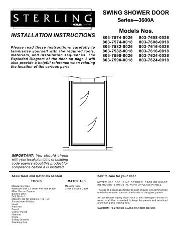 SWING SHOWER DOOR Models Nos. - Sterling