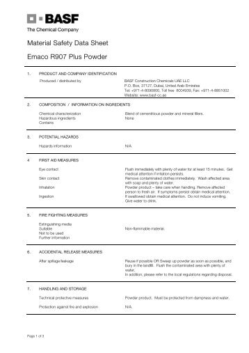 MSDS - Emaco R907 Plus Powder - BASF Construction Chemicals