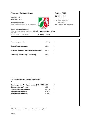 Geschäftsverteilungsplan 1. Januar 2013 - Finanzamt Dortmund-Unna