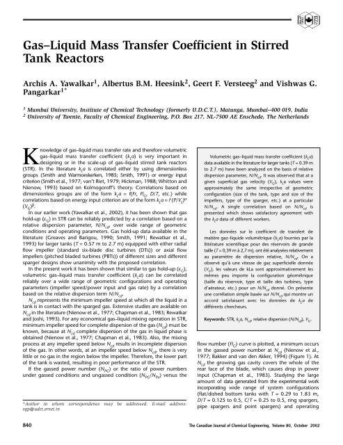 Gas-Liquid Mass Transfer Coefficient in Stirred Tank Reactors - ITM