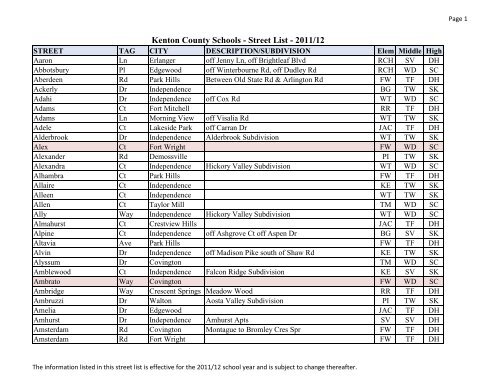 Street List - Kenton County School District