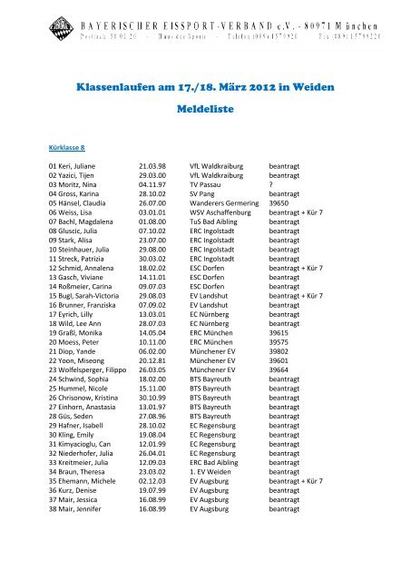 Klassenlaufen am 17./18. März 2012 in Weiden Meldeliste