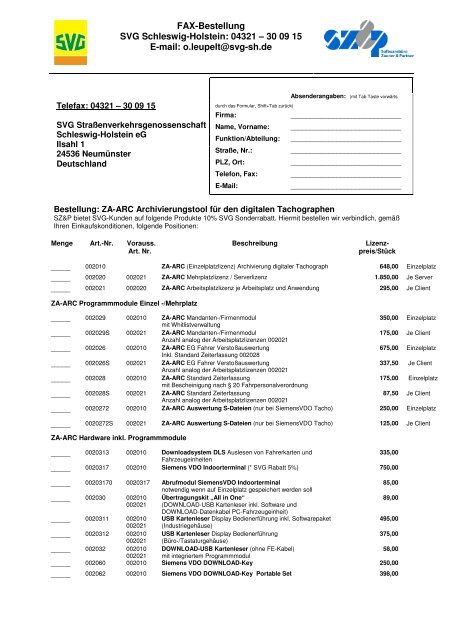 FAX-Bestellung SVG Schleswig-Holstein: 04321 – 30 09 15 E-mail ...
