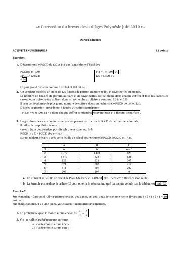 Correction du brevet des collèges Polynésie juin 2010 - Math93