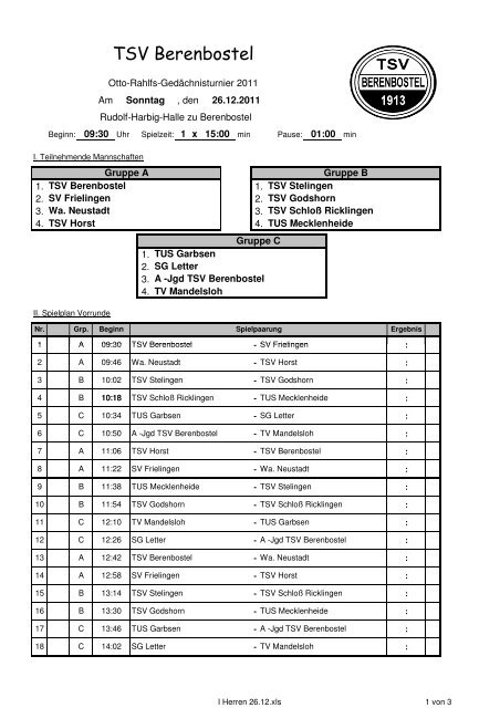 Spielplan Hallenturnier Berenbostel - TSV Horst