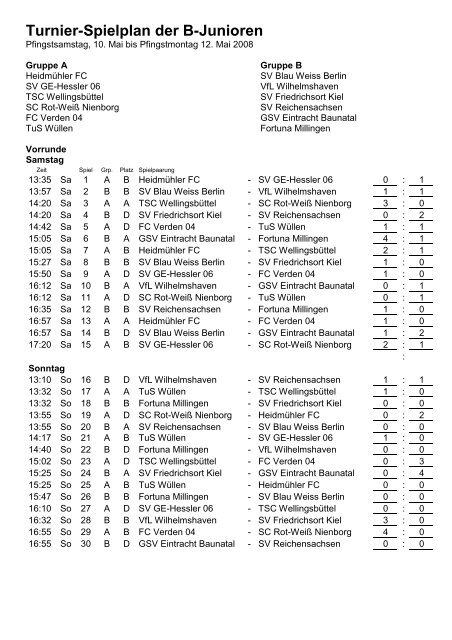 Turnier-Spielplan der B-Junioren - NORDFROST-CUP