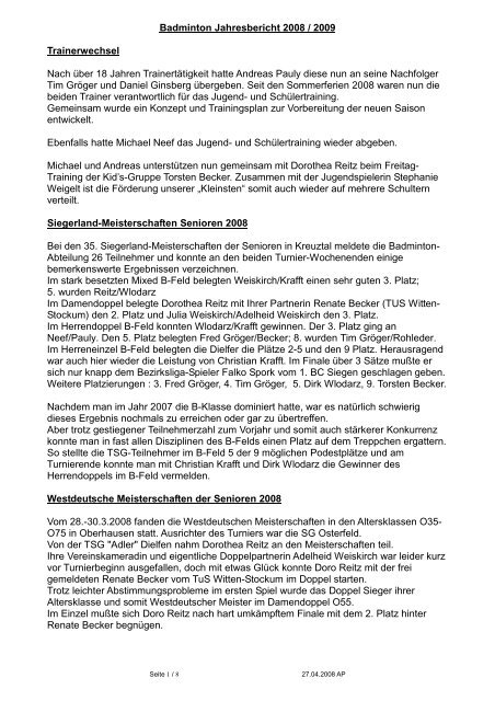 Badminton Jahresbericht 2008 / 2009 ... - TSG Adler Dielfen