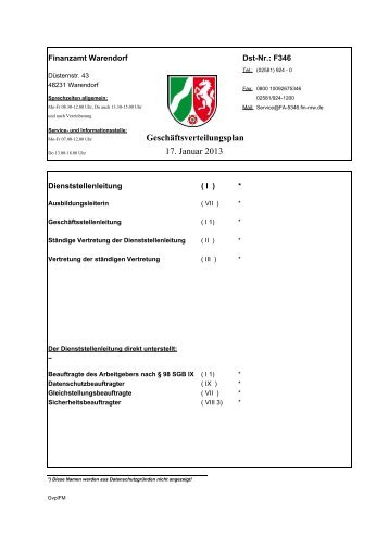 Geschäftsverteilungsplan 1. Januar 2013 - Finanzamt Warendorf