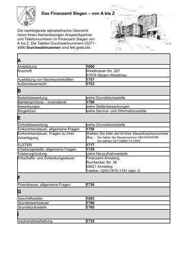 Ansprechpartner -alphabethische Liste- - Finanzamt Siegen