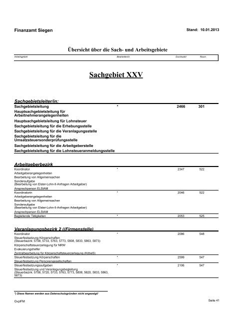 Geschäftsverteilungsplan 10. Januar 2013 - Finanzamt Siegen