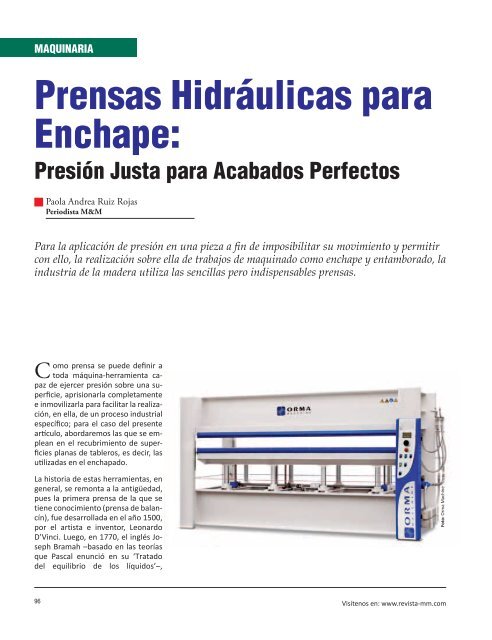 Prensas Hidráulicas para Enchape: - Revista El Mueble y La Madera