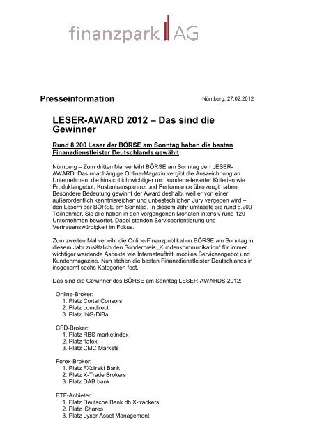 Leser Award 2012 A Das Sind Die Gewinner Finanzpark Ag