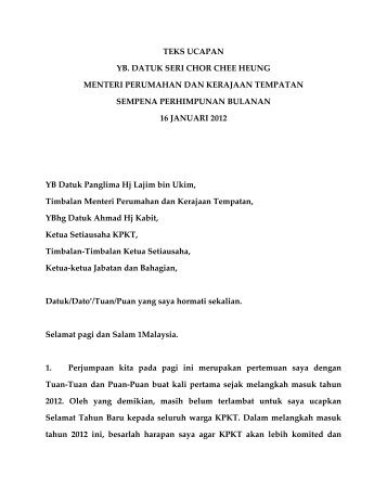 Teks Ucapan Menteri Perumahan dan Kerajaan Tempatan sempena