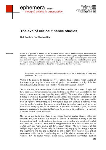 The eve of critical finance studies - Ephemera