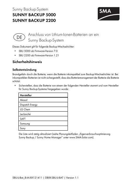 Anschluss von Lithium-Ionen-Batterien an ein Sunny Backup ...