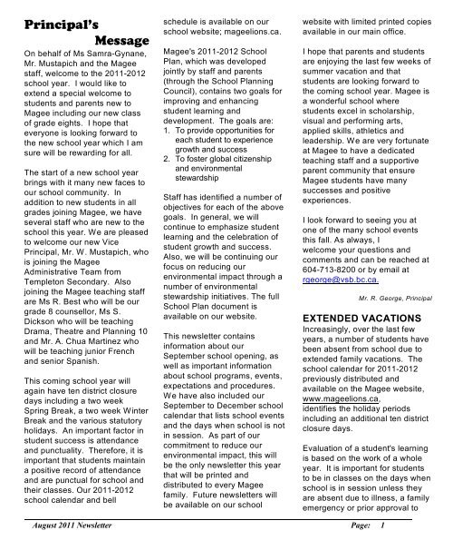 Principal's Message - Magee Secondary School