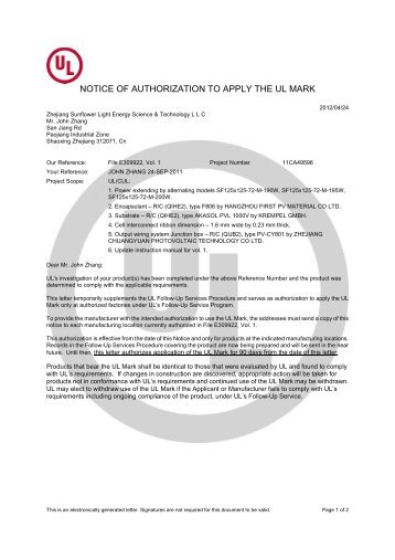 notice of authorization to apply the ul mark - Homepage-Zhejiang ...