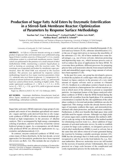 Production of Sugar Fatty Acid Esters by Enzymatic