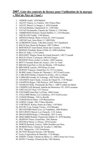 2007, Liste des contrats de licence pour l'utilisation ... - apiculture.ch