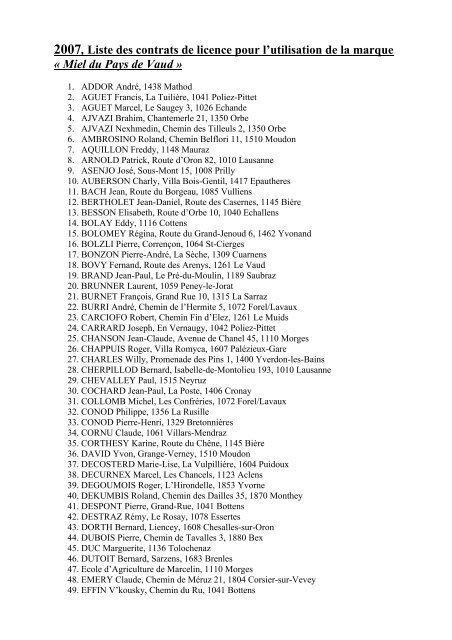2007, Liste des contrats de licence pour l'utilisation ... - apiculture.ch