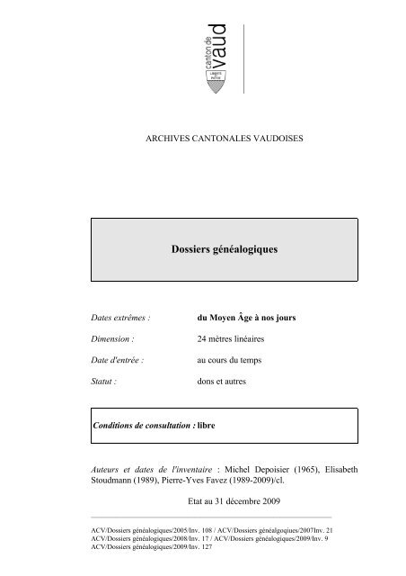 Dossiers généalogiques - Inventaires des Archives Cantonales ...