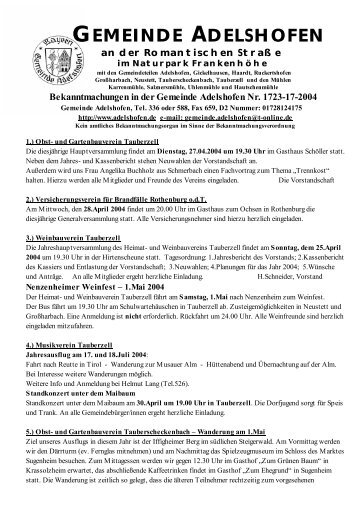 Bekanntmachungen in der Gemeinde Adelshofen Nr. 1723-17-2004