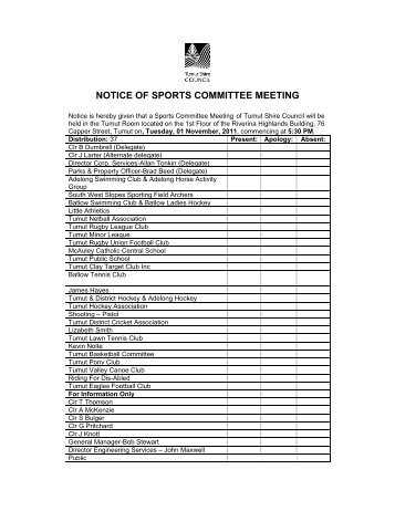 NOTICE OF SPORTS COMMITTEE MEETING - Tumut Shire Council