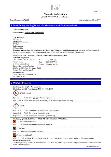 Sicherheitsdatenblatt - Otto Fischar GmbH und Co. KG