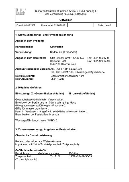 Sicherheitsdatenblatt - Otto Fischar GmbH und Co. KG